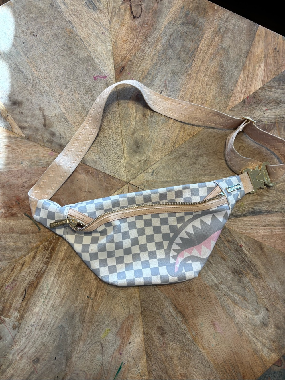 Sprayground Checkerboard Shark Belt Bag - Gray, Pink & Cream